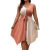 imageSOLY HUX Womens Plus Size Color Block Dress V Neck Sleeveless A Line Asymmetrical Hem Belted DressesMulticoloured Colorblock