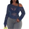 imageSOLY HUX Womens Plus Size T Shirts See Through Sheer Tops Off The Shoulder Long Sleeve Sexy Sparkly TeePlain Dark Blue