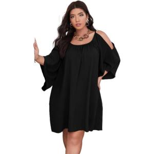 imageSOLY HUX Women Plus Size Summer Dress Cold Shoulder Short Sleeve Casual Loose Short DressesBlack