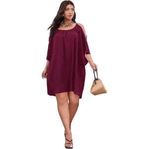 imageSOLY HUX Women Plus Size Summer Dress Cold Shoulder Short Sleeve Casual Loose Short DressesPlain Dusty Purple