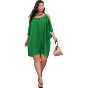 imageSOLY HUX Women Plus Size Summer Dress Cold Shoulder Short Sleeve Casual Loose Short DressesPlain Green