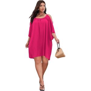 imageSOLY HUX Women Plus Size Summer Dress Cold Shoulder Short Sleeve Casual Loose Short DressesPlain Hot Pink