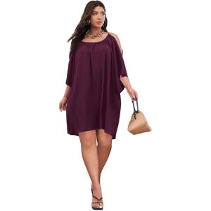 imageSOLY HUX Women Plus Size Summer Dress Cold Shoulder Short Sleeve Casual Loose Short DressesPlain Maroon