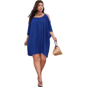 imageSOLY HUX Women Plus Size Summer Dress Cold Shoulder Short Sleeve Casual Loose Short DressesPlain Navy Blue