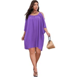 imageSOLY HUX Women Plus Size Summer Dress Cold Shoulder Short Sleeve Casual Loose Short DressesPlain Purple