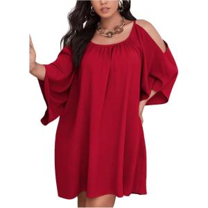 imageSOLY HUX Women Plus Size Summer Dress Cold Shoulder Short Sleeve Casual Loose Short DressesPlain Red
