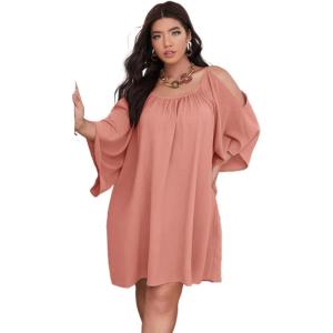 imageSOLY HUX Women Plus Size Summer Dress Cold Shoulder Short Sleeve Casual Loose Short DressesSolid Dusty Pink