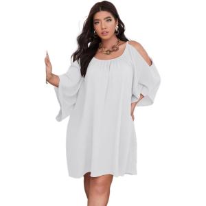 imageSOLY HUX Women Plus Size Summer Dress Cold Shoulder Short Sleeve Casual Loose Short DressesSolid White