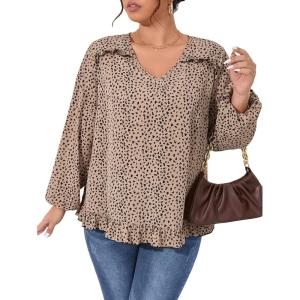 imageSOLY HUX Womens Plus Size Allover Print V Neck Bishop Long Sleeve Ruffle Hem Blouse TopsApricot Print