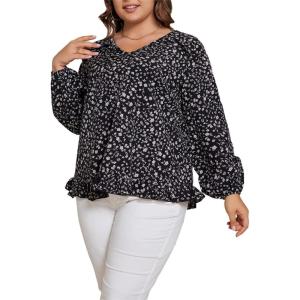 imageSOLY HUX Womens Plus Size Allover Print V Neck Bishop Long Sleeve Ruffle Hem Blouse TopsBlack Ditsy Floral