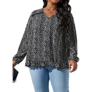 imageSOLY HUX Womens Plus Size Allover Print V Neck Bishop Long Sleeve Ruffle Hem Blouse TopsBlack Print