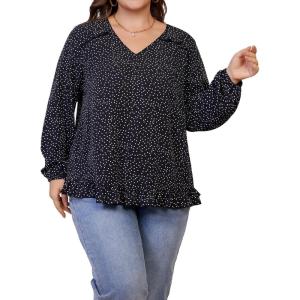 imageSOLY HUX Womens Plus Size Allover Print V Neck Bishop Long Sleeve Ruffle Hem Blouse TopsBlack Printed
