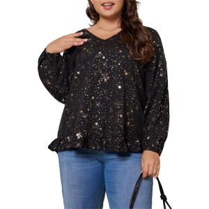 imageSOLY HUX Womens Plus Size Allover Print V Neck Bishop Long Sleeve Ruffle Hem Blouse TopsBlack Star
