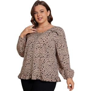 imageSOLY HUX Womens Plus Size Allover Print V Neck Bishop Long Sleeve Ruffle Hem Blouse TopsKhaki Ditsy Floral