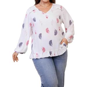 imageSOLY HUX Womens Plus Size Allover Print V Neck Bishop Long Sleeve Ruffle Hem Blouse TopsMulticoloured Feather Print