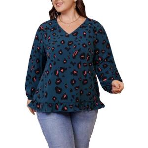 imageSOLY HUX Womens Plus Size Allover Print V Neck Bishop Long Sleeve Ruffle Hem Blouse TopsMulticoloured Printed