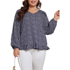 imageSOLY HUX Womens Plus Size Allover Print V Neck Bishop Long Sleeve Ruffle Hem Blouse TopsNavy Blue Ditsy Floral