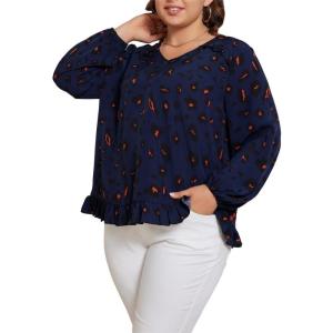 imageSOLY HUX Womens Plus Size Allover Print V Neck Bishop Long Sleeve Ruffle Hem Blouse TopsNavy Blue Leopard