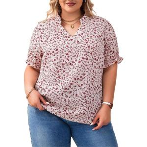 imageSOLY HUX Womens Plus Size Allover Printed Notched V Neck Short Sleeve Casual Blouse TopsBeige Floral Print