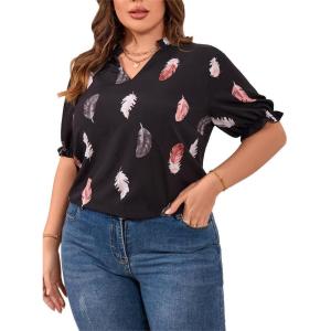 imageSOLY HUX Womens Plus Size Allover Printed Notched V Neck Short Sleeve Casual Blouse TopsBlack Feather