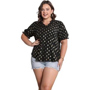imageSOLY HUX Womens Plus Size Allover Printed Notched V Neck Short Sleeve Casual Blouse TopsBlack Polka Dots Printed