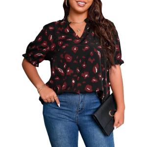 imageSOLY HUX Womens Plus Size Allover Printed Notched V Neck Short Sleeve Casual Blouse TopsBlack Print