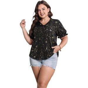 imageSOLY HUX Womens Plus Size Allover Printed Notched V Neck Short Sleeve Casual Blouse TopsBlack Star Print