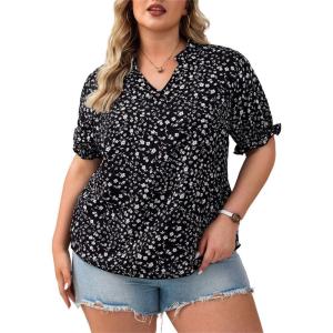 imageSOLY HUX Womens Plus Size Allover Printed Notched V Neck Short Sleeve Casual Blouse TopsBlack and White Floral
