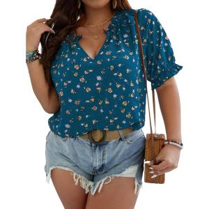 imageSOLY HUX Womens Plus Size Allover Printed Notched V Neck Short Sleeve Casual Blouse TopsBlue Floral