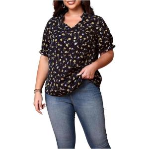 imageSOLY HUX Womens Plus Size Allover Printed Notched V Neck Short Sleeve Casual Blouse TopsBlue Floral Printed