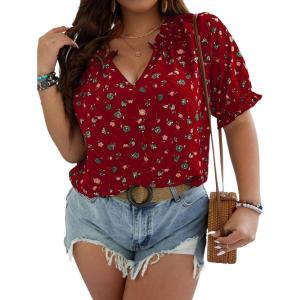 imageSOLY HUX Womens Plus Size Allover Printed Notched V Neck Short Sleeve Casual Blouse TopsBurgundy Floral
