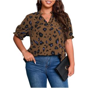 imageSOLY HUX Womens Plus Size Allover Printed Notched V Neck Short Sleeve Casual Blouse TopsCoffee Brown Print