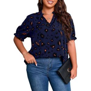imageSOLY HUX Womens Plus Size Allover Printed Notched V Neck Short Sleeve Casual Blouse TopsDark Blue