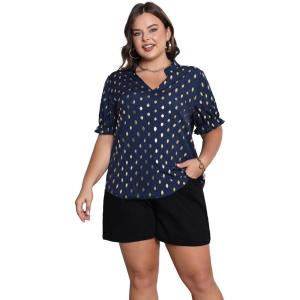 imageSOLY HUX Womens Plus Size Allover Printed Notched V Neck Short Sleeve Casual Blouse TopsDark Blue Polka Dots Print