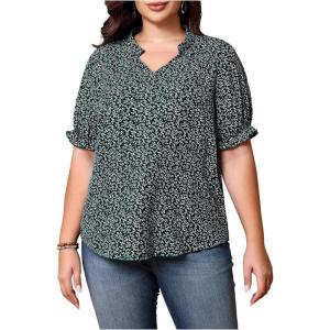 imageSOLY HUX Womens Plus Size Allover Printed Notched V Neck Short Sleeve Casual Blouse TopsDark Green Floral Printed