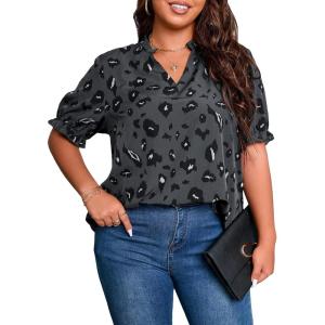 imageSOLY HUX Womens Plus Size Allover Printed Notched V Neck Short Sleeve Casual Blouse TopsDark Grey