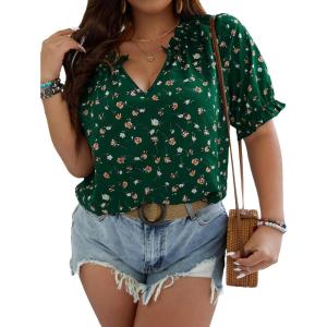 imageSOLY HUX Womens Plus Size Allover Printed Notched V Neck Short Sleeve Casual Blouse TopsGreen Floral