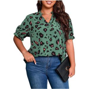 imageSOLY HUX Womens Plus Size Allover Printed Notched V Neck Short Sleeve Casual Blouse TopsGreen Print