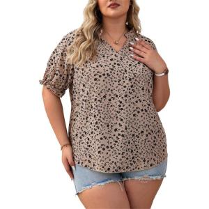 imageSOLY HUX Womens Plus Size Allover Printed Notched V Neck Short Sleeve Casual Blouse TopsKhaki Floral Print