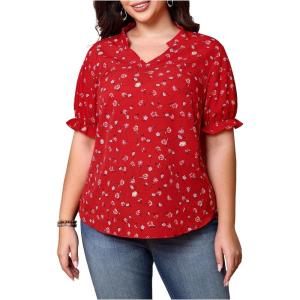 imageSOLY HUX Womens Plus Size Allover Printed Notched V Neck Short Sleeve Casual Blouse TopsRed Floral Printed