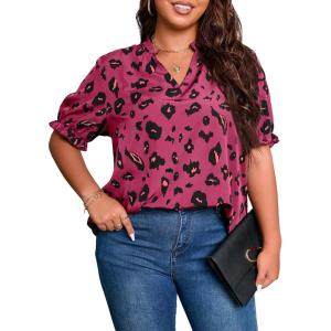 imageSOLY HUX Womens Plus Size Allover Printed Notched V Neck Short Sleeve Casual Blouse TopsRed Violet