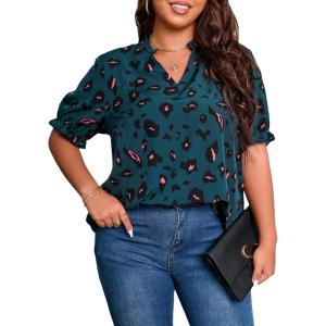 imageSOLY HUX Womens Plus Size Allover Printed Notched V Neck Short Sleeve Casual Blouse TopsTeal Blue