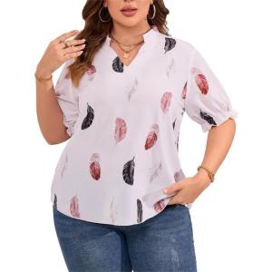 imageSOLY HUX Womens Plus Size Allover Printed Notched V Neck Short Sleeve Casual Blouse TopsWhite Feather
