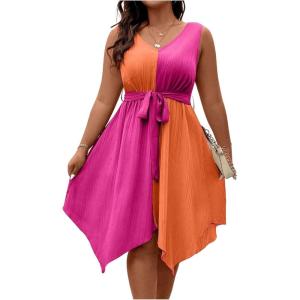 imageSOLY HUX Womens Plus Size Color Block Dress V Neck Sleeveless A Line Asymmetrical Hem Belted DressesOrange and Hotpink