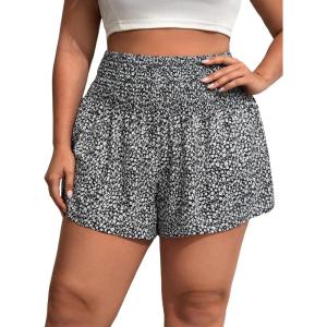 imageSOLY HUX Womens Plus Size Ditsy Floral Print Shirred Elastic High Waisted Wide Leg ShortsBlack and White Print