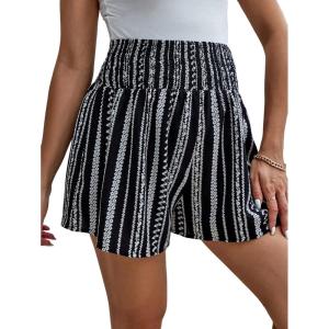 imageSOLY HUX Womens Plus Size Ditsy Floral Print Shirred Elastic High Waisted Wide Leg ShortsBlack and White Stripe