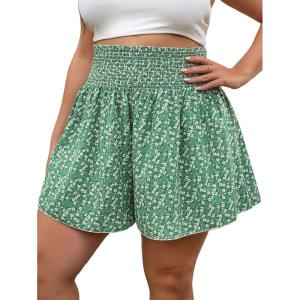 imageSOLY HUX Womens Plus Size Ditsy Floral Print Shirred Elastic High Waisted Wide Leg ShortsGreen