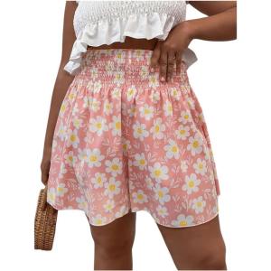 imageSOLY HUX Womens Plus Size Ditsy Floral Print Shirred Elastic High Waisted Wide Leg ShortsPink Floral