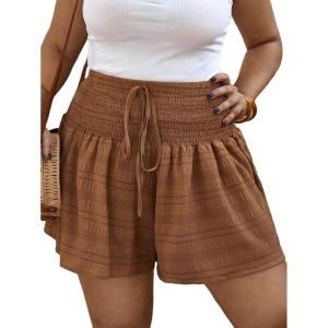 imageSOLY HUX Womens Plus Size Ditsy Floral Print Shirred Elastic High Waisted Wide Leg ShortsPlain Brown