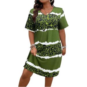 imageSOLY HUX Womens Plus Size Leopard Print V Neck Short Sleeve T Shirt Dress Summer Short DressesDark Green Printed